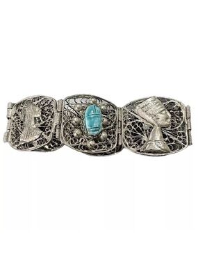 Vintage Egyptian Bracelet Silver Blue Scarab Hinge Link Queen Nefertiti Retro